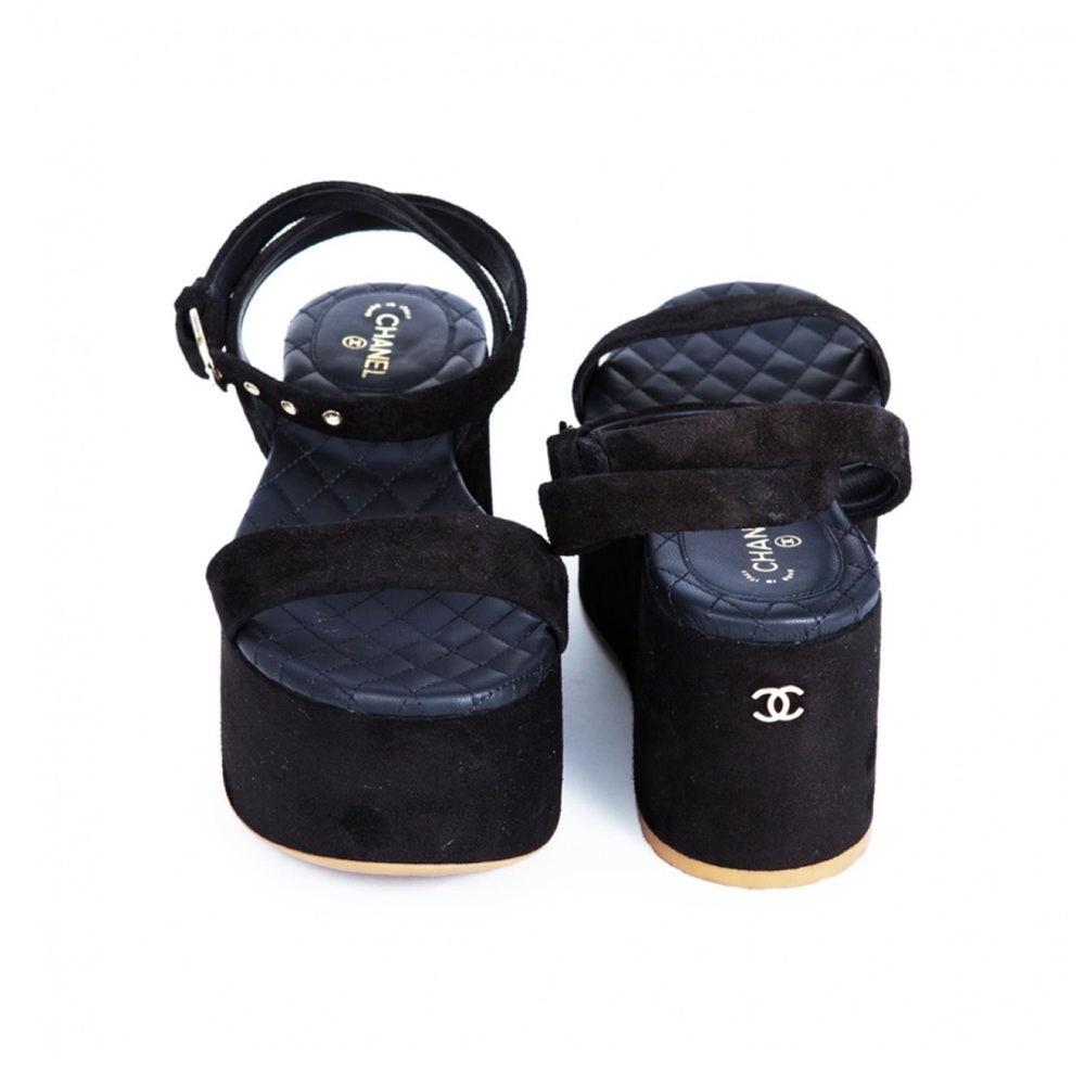 Chanel Black Suede Platform Wedges - Picture 1 of 9